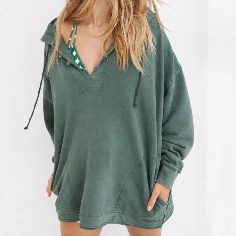 AERIE Oversized Beach Weekend Pullover Henley Button Hoodie Small Forest Green